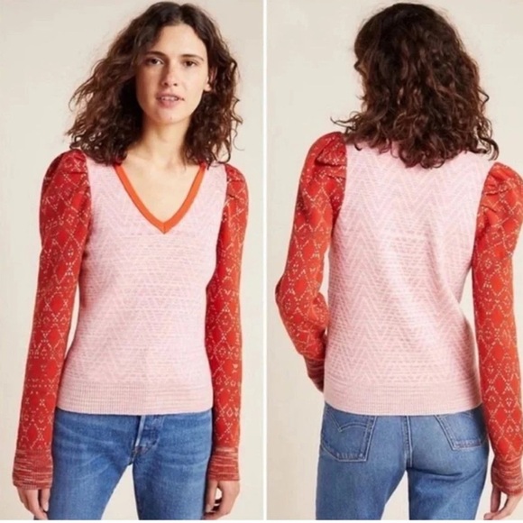 ANTHROPOLOGIE NWT Women's Pink Red Cherie Puff Shoulder V-Neck Sweater Size‎ S - Picture 1 of 15